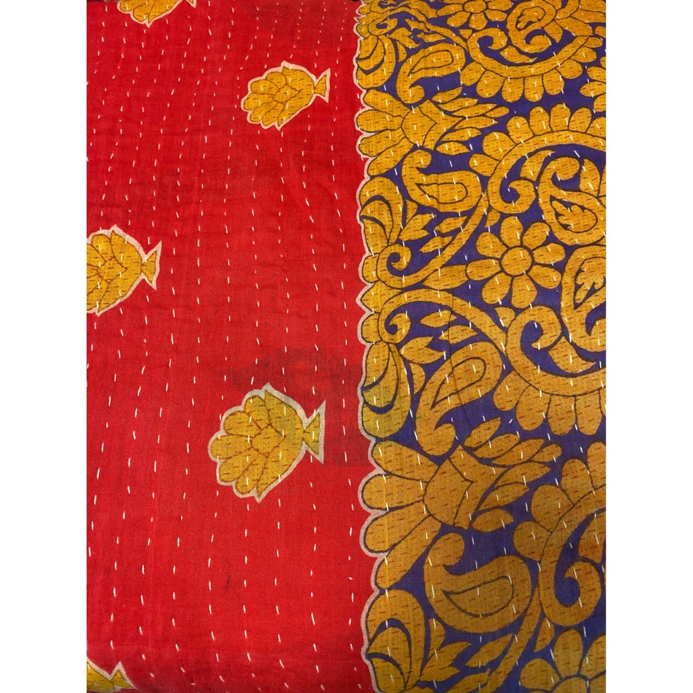 Vintage Kantha Quilt Reversible Cotton Throw Blanket Red Floral Paisley Boho